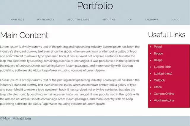 Screenshot of the first version of my website from 2019